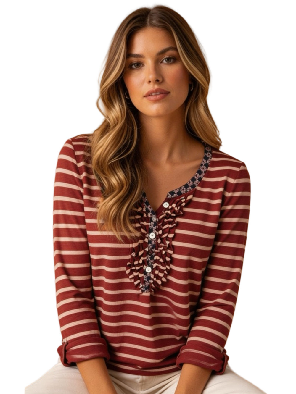 Anthropologie Striped Ruffled Long Sleeve Henley Top with Adjustable Sleeves